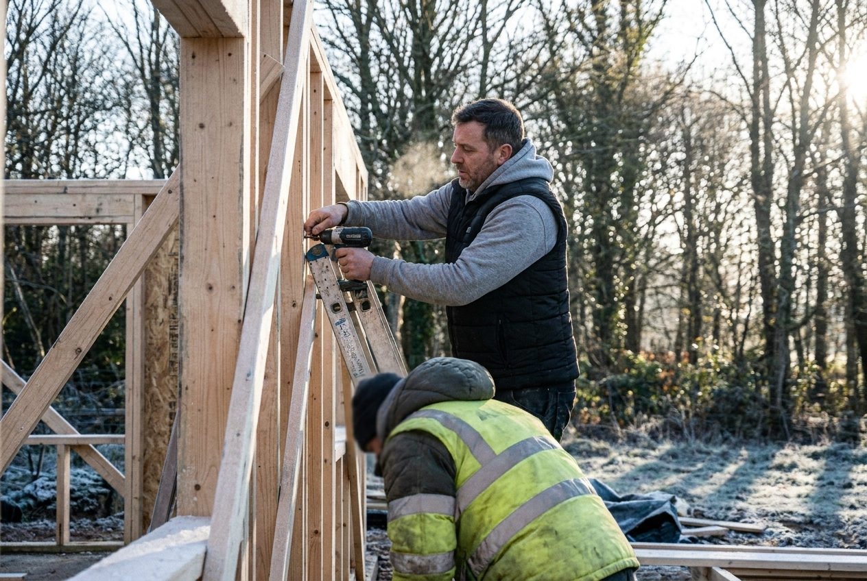 Two tradesmen at the end of a cold shift looking over a framed house